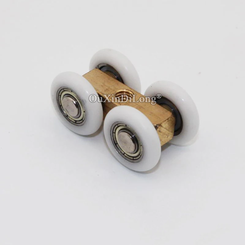 Free Shipping 8PCS Sliding Door Rollers Hanging Runners Pulleys Brass Bearing 4 Wheels 20mm Shower Bathroom Kit