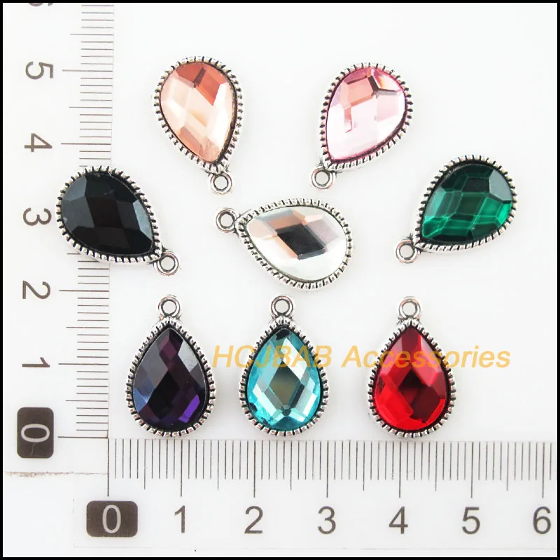 16Pcs Tibetan Silver Tone Retro Teardrop Mixed Crystal Charms Pendants 13x19.5mm