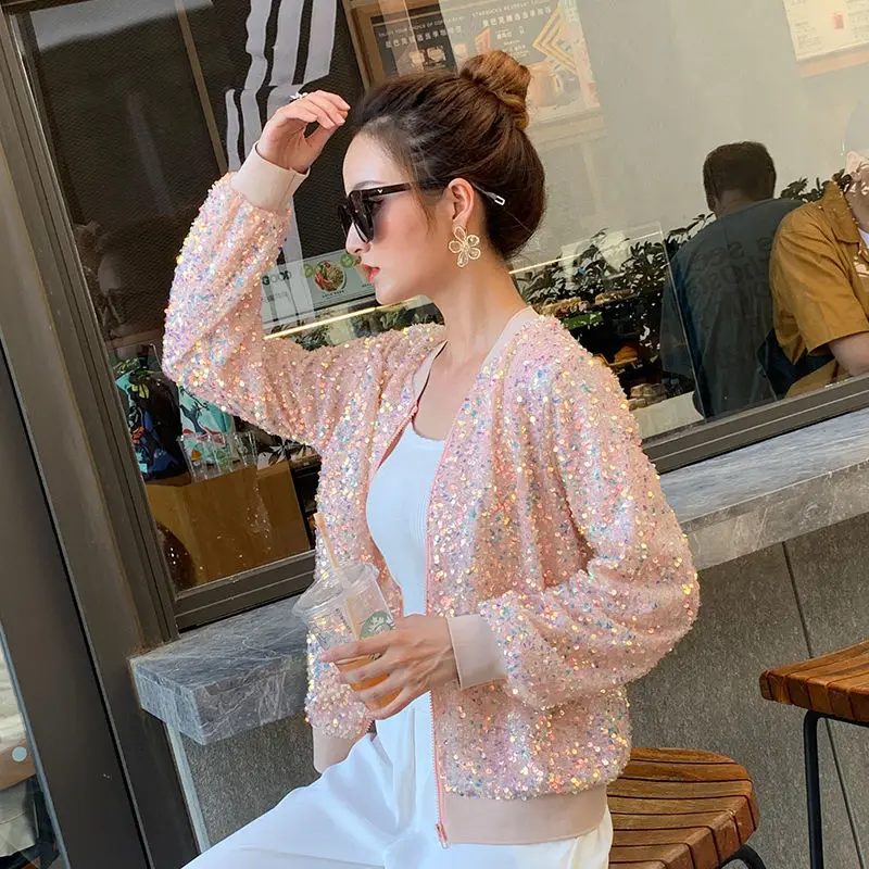 Sequined Jacket Female Spring And Autumn Patchwork Round Neck Loose Solid Color Night Club Outerwear Long Sleeved Hip Hop Coats