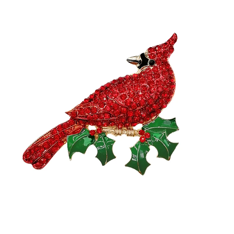 Stunning Large Red Cardinal on poinsettia branch hand casted with Crystal Christmas Gift Brooch