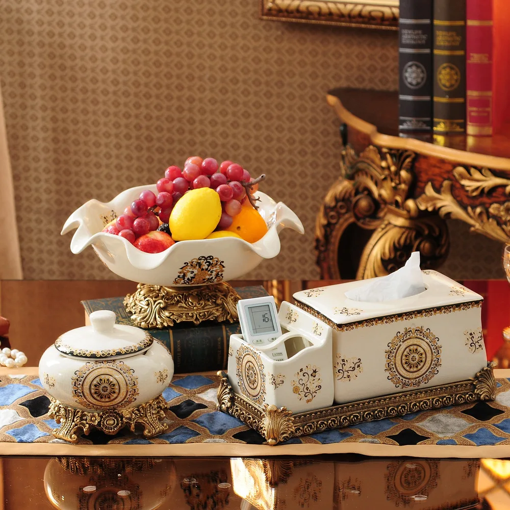 High-grade household European-style ceramics fruit tray paper smoking cylinder set luxury tea table fruit tray three sets