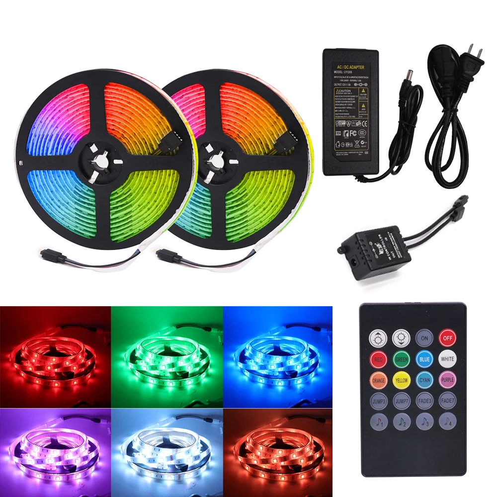 

5050 RGB 12V LED Strip Light 10m DC12v Music Sync Color Changing Remote Control Flexible Led Decoration Strip + Power Adapter