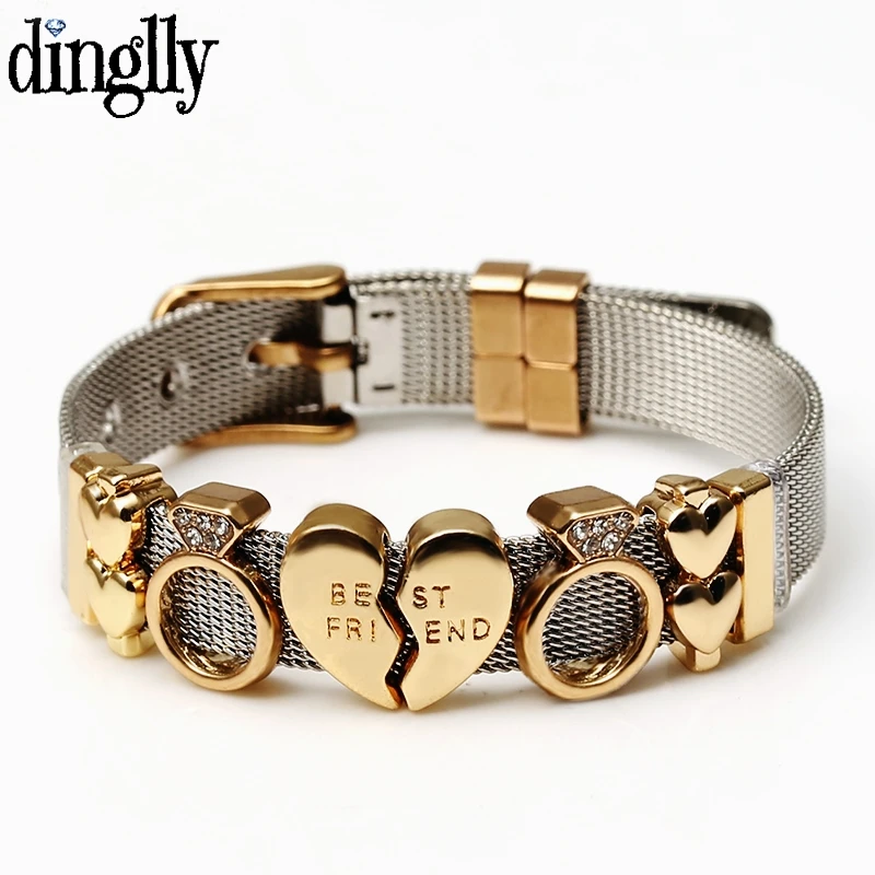 DINGLLY-Pulseiras de Malha de Dois Tons para Homens e Mulheres, Pulseira Frisada Dourada, Pulseira de Malha Fita, Coração do Amor, 10mm, Presentes