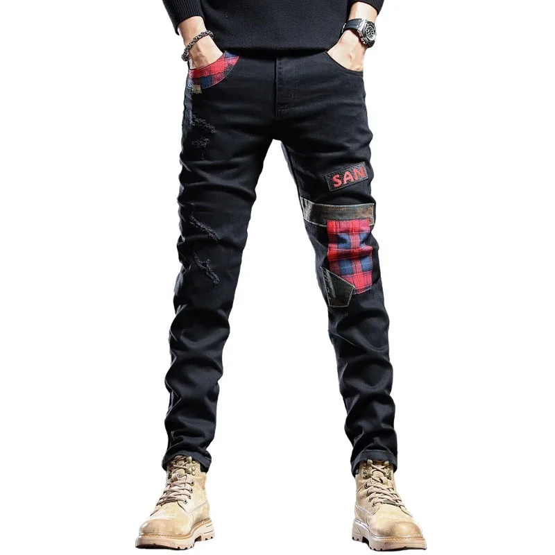 Fashion Men Jeans Black ripped Patchwork Pants Straight Leg Patches Jean Streetwear Casual Slim Fit Denim Trousers