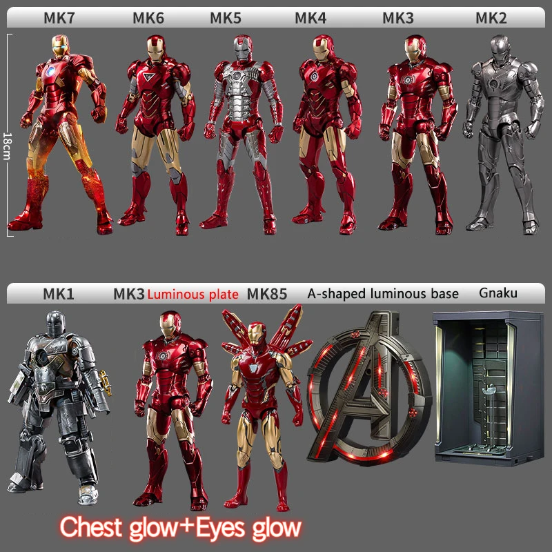 18cm Iron Man Action Figure with Hangar The Avengers Tony Stark Luminous Edition Mark3 MK50 Model Toys Xmas Marvel Gift Box