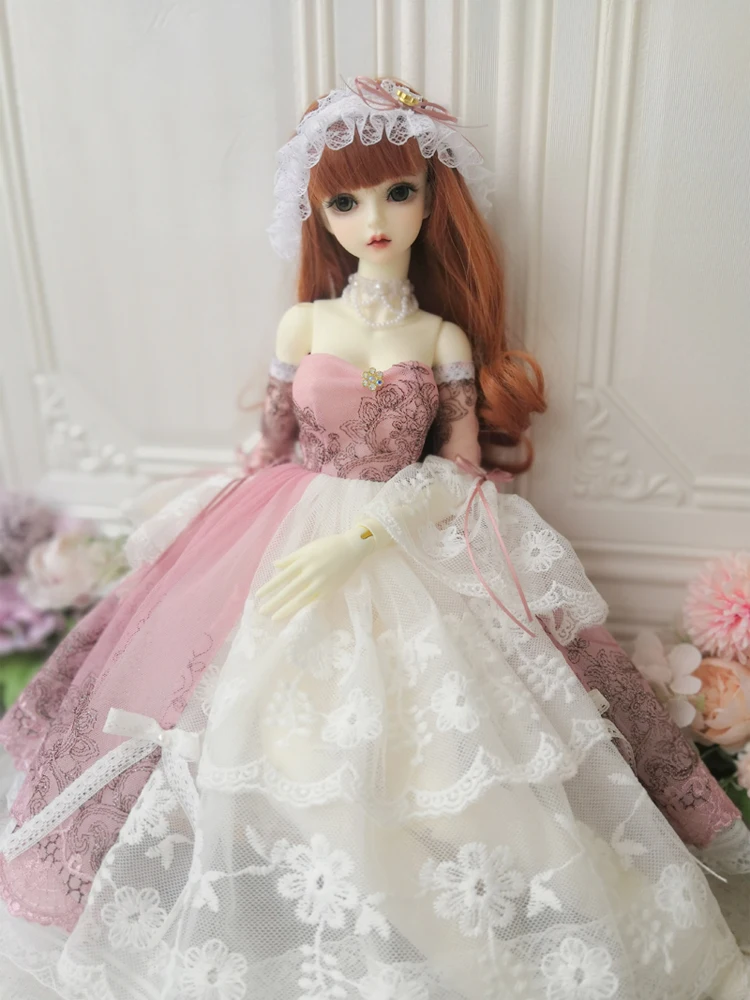 Doll clothes 1/4 bjd doll pink dress + hairband + necklace + sleeves for 1/3 1/4 BJD MDD doll clothes lace dress Light quiet