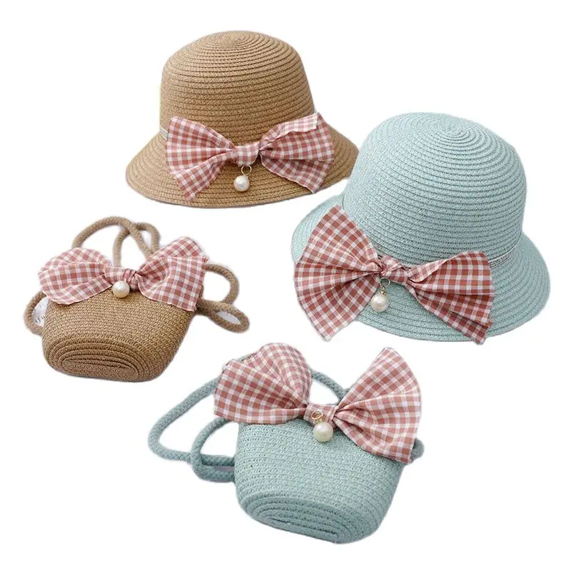 

Summer Baby Princess Flower Straw Hat With Handbag Bags Kids Hat Boy Girls Sun Visor UV protection Bowknot panama Hat gorras