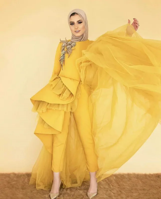 Yellow Muslim Prom Jumpsuit with Train 2020 Long Sleeve Peplum Tutu Kaftan Caftan Arabic Hijab Occasion Evening Pant Suit Dress