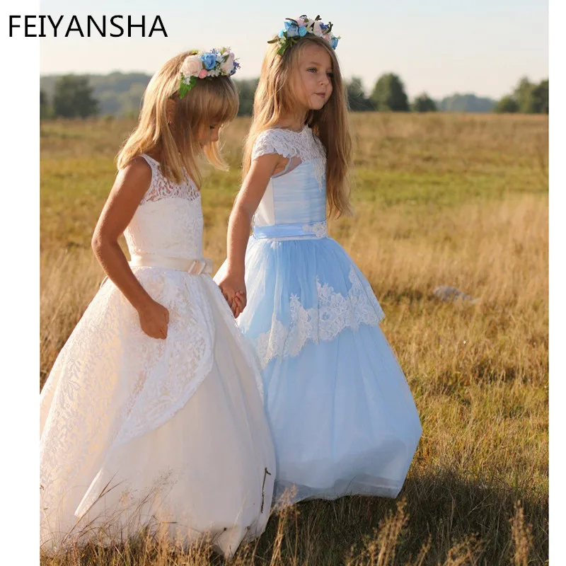 Robe à fleurs en Tulle pour filles, tenue de princesse bouffante blanche, en plumes, pour première Communion, robe mignonne pour fête de mariage