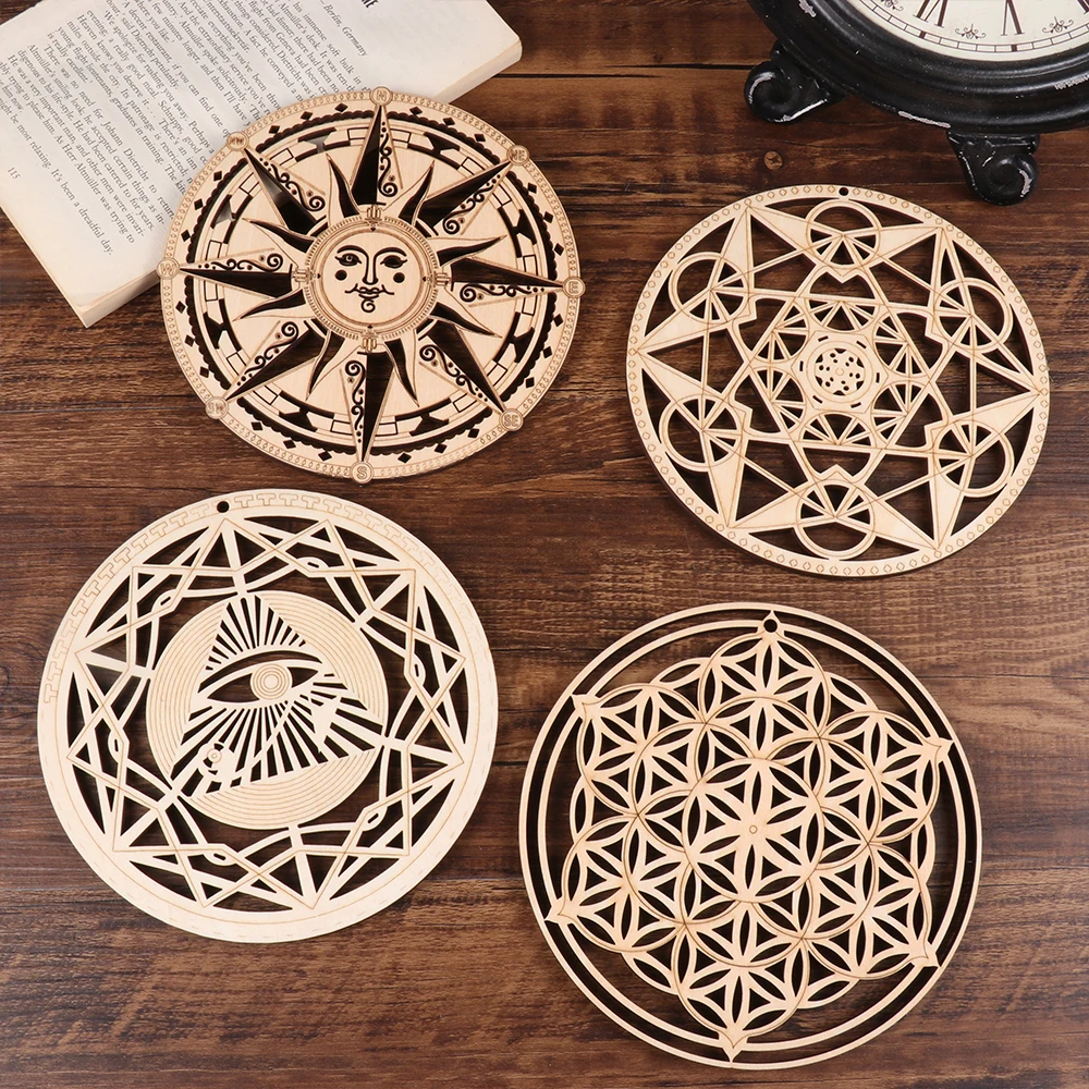 14cm Sacred Geometry Wall Art Wood Sign Crystal Grid Meditation Chakra Wooden Wall Art Hanging Ornaments Home Decoration Coaster