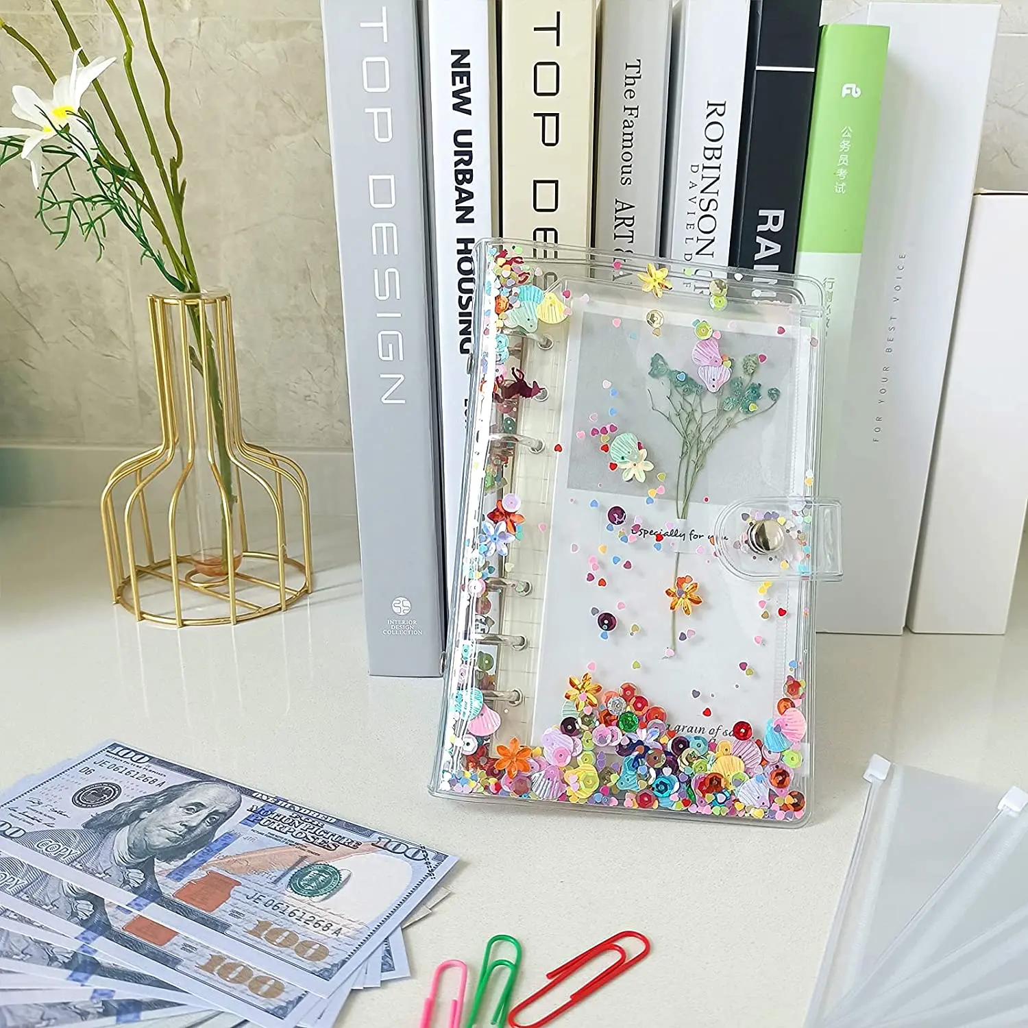 15 Pieces A6 Budget Binder Glitter Cover Cash Envelopes with 12Pcs 6 Hole Clear PVC Loose Leaf Bags ,Sticker Labels, A Ruler