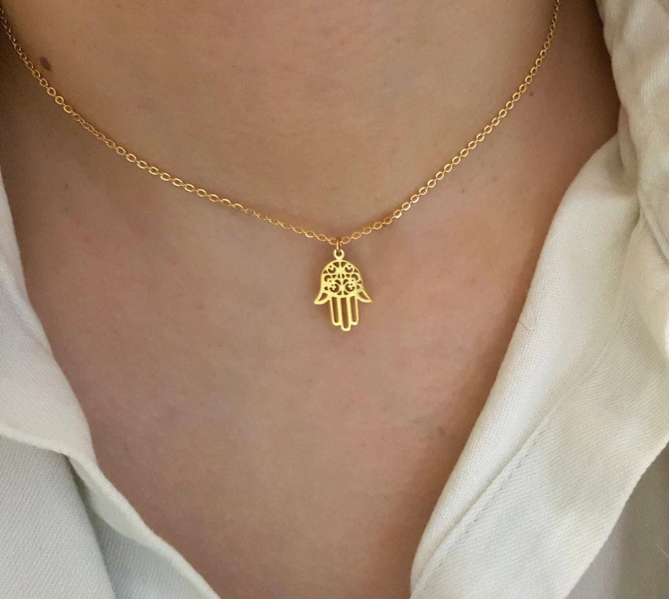 

Arabic Lucky Hamsa Hand Pendant Necklace Women Men Amulet Stainless Steel Gold Color Hand of Fatima Choker Islamic Jewelry Gift