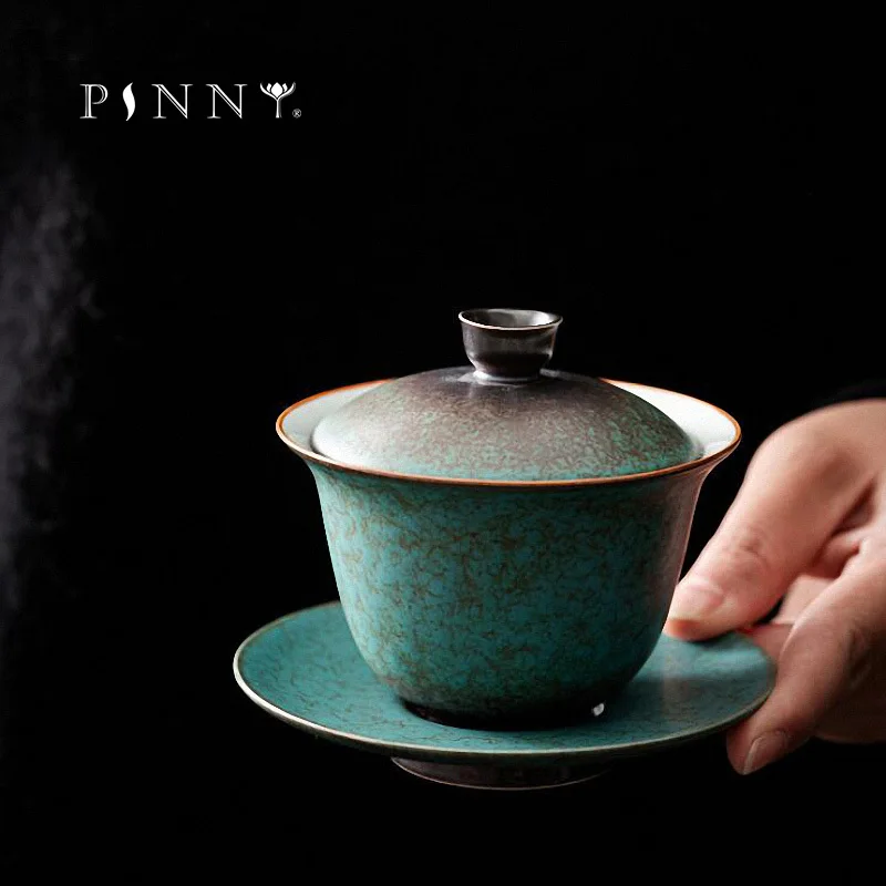 

PINNY 160ML Ceramic Turquoise Glaze Gaiwan Coarse Pottery Tea Tureen Retro Pigmented Tea Bowl Kung Fu Drinkware