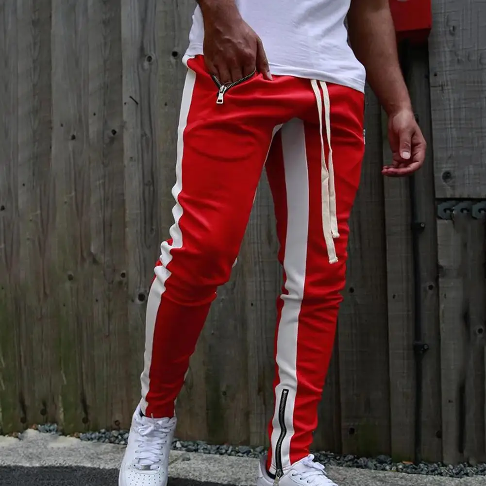 Men Jogger Pants Sport Sweatpants Contrast Color Elastic Waist Drawstring Side Stripe Zippered Slim Trouser panroupas masculinas