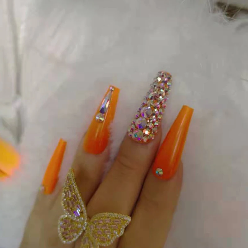 24pcs  The latest design luxury jewelry ballet coffin fake nail crystal diamond orange