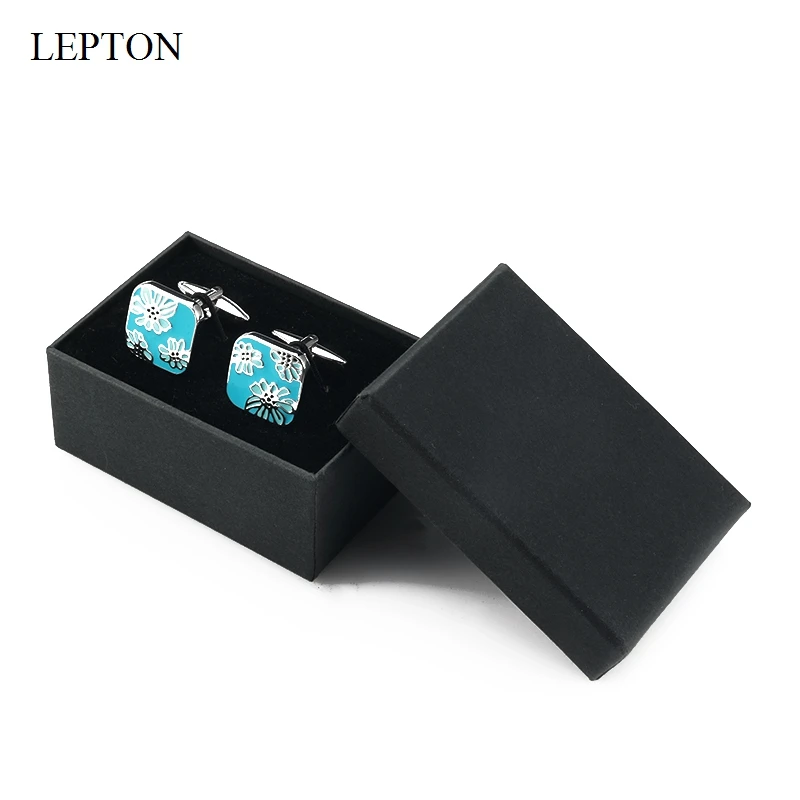 2026 Abotoaduras Lepton Square de Esmalte Azul para Punhos de Camisa Masculinos - Novíssimo Design Floral Esmaltado Gemelos Relojes
