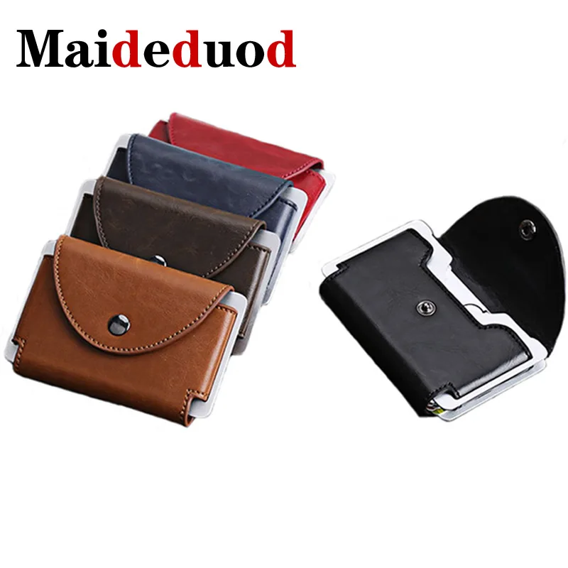 

Maideduod New Credit Card Holder Wallet Men Women Metal RFID Vintage Aluminium Bag Crazy Horse PU Leather Bank Cardholder Case