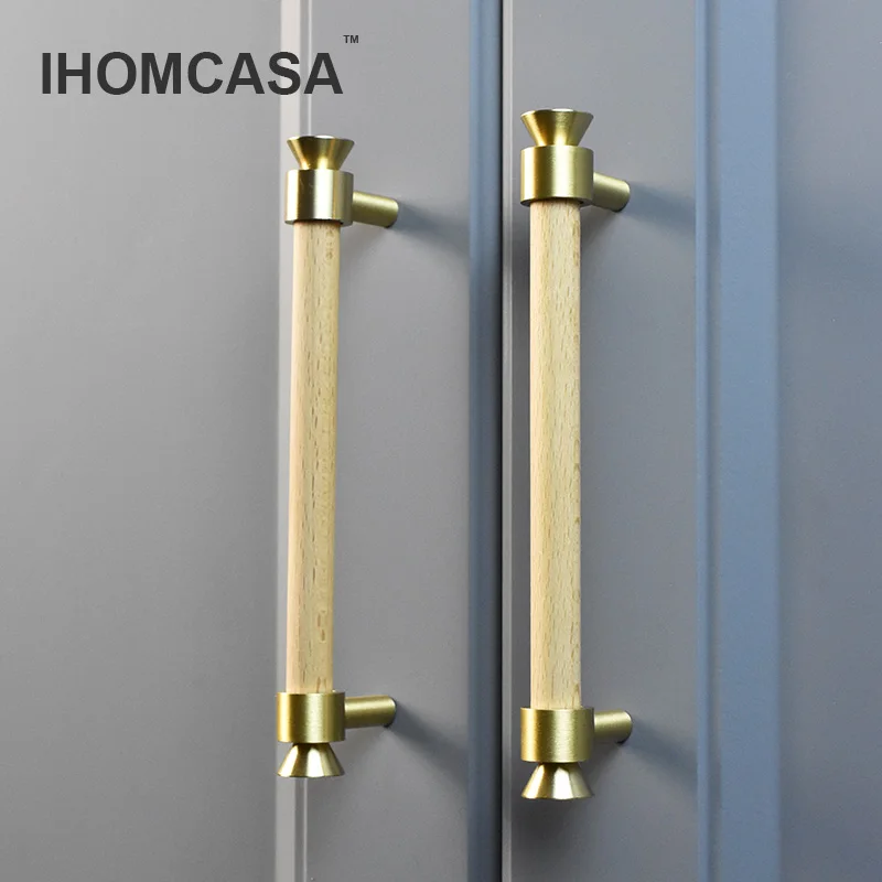 IHOMCASA Natural Wood+Golden Brass T-Bar Furniture Door Handles Wooden Handle Wardrobe Drawer Knobs Kitchen Shoe Cabinet Pulls