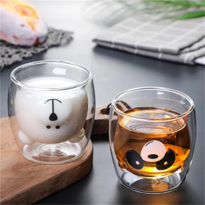 Double Wall Glass Mug Bear Cat Dog Animal Cat Double-layer Glass Mug Coffee Cup Christmas Gift Heat Insulation Cute Milk Cup