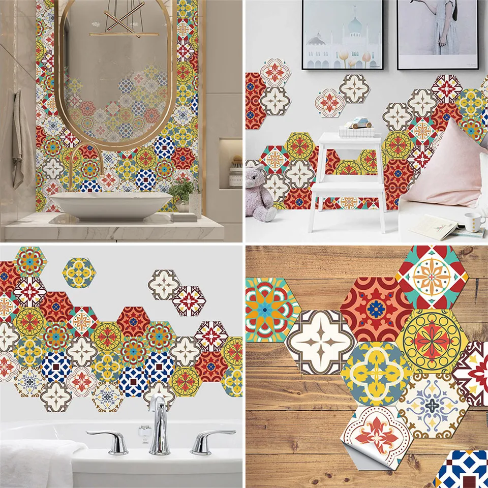 10PCS/Set Color Tile Paste Paper PVC Self-adhesive Hexagon Wall Floor Stickers Wallpaper Kitchen Bedroom Decoration Decal Murals