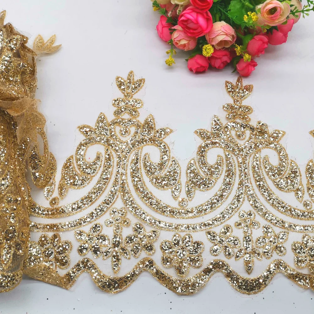 Bronzing Lace Fabric Glitter Gilding Printing Gold Stamp For Bridal Dress Border Scalloped Trims For Dress 22cm