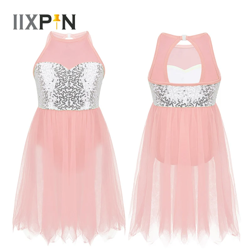 

Girls Shiny Sequin Lyrical Dress Sleeveless Cutout Back Leotard Dress for Lyrical Modern Contemporary Ballroom Dance Costume