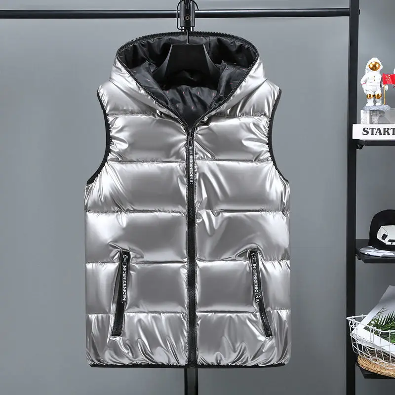 Winter Men Bright Vest Hooded Warm Thicken Waistcoat Cotton-Padded Solid Color Waterproof Male Streetwear Size 5XL 6XL