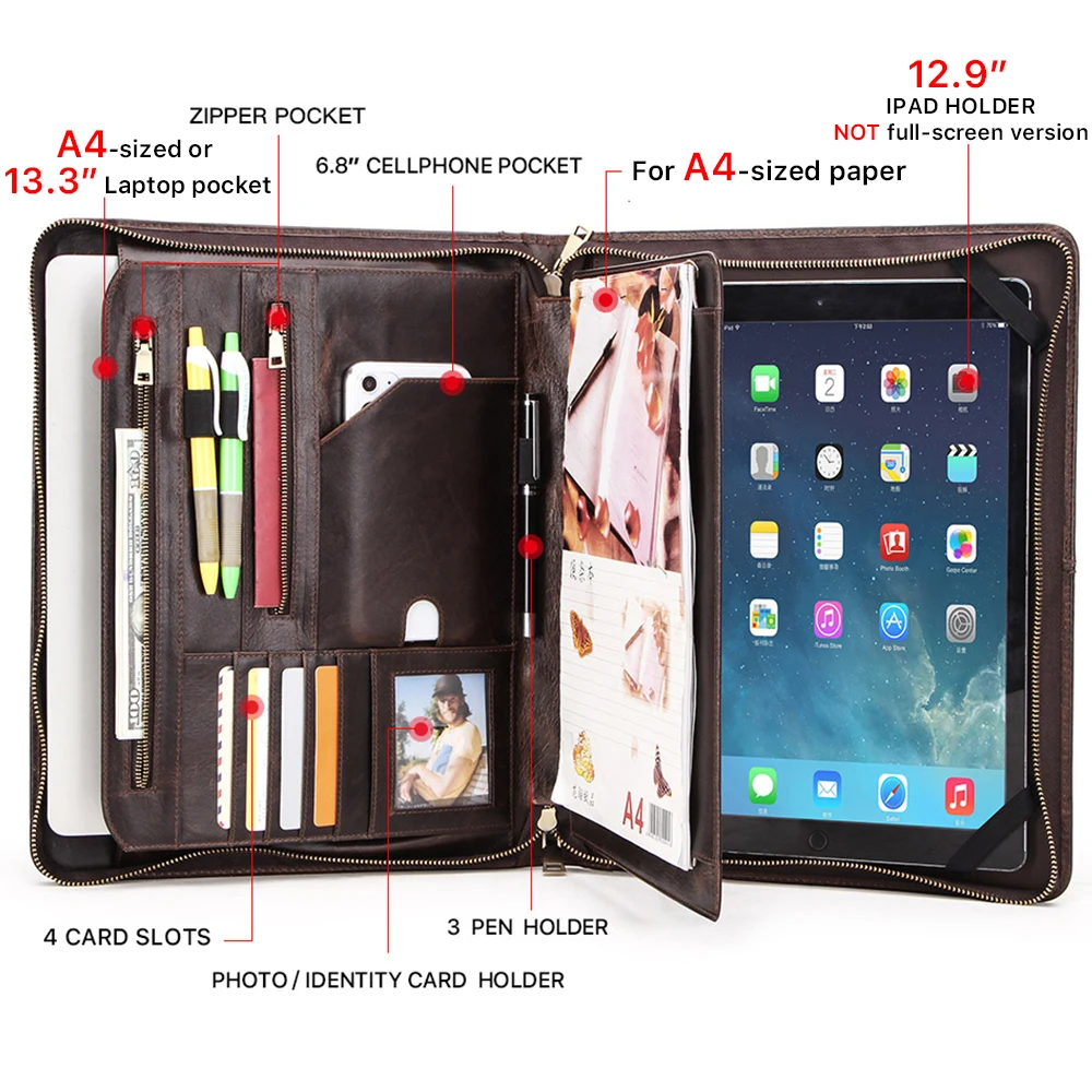 Imagem -05 - Couro Genuíno Multifuncional Pasta Capa da Manga para Ipad Pro 13 12.9 Case Macbook Pro Air m1 m2 m3 13 Laptop Handbag 13