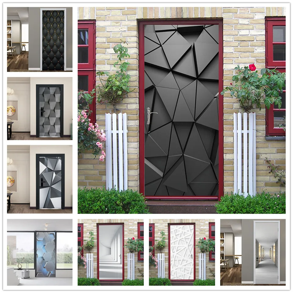 Black Geometric Door Sticker Self Stick Wallpaper Waterproof Renovation Posters Wood Grain Decals Home Design наклейка на дверь