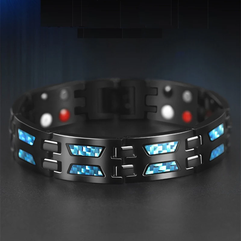 

15mm Heavy Punk Black Titanium Health Magnetic Bracelet Men Women Hiphop Blue Shell 4 Elements Luxury Bike Bangle Jewelry