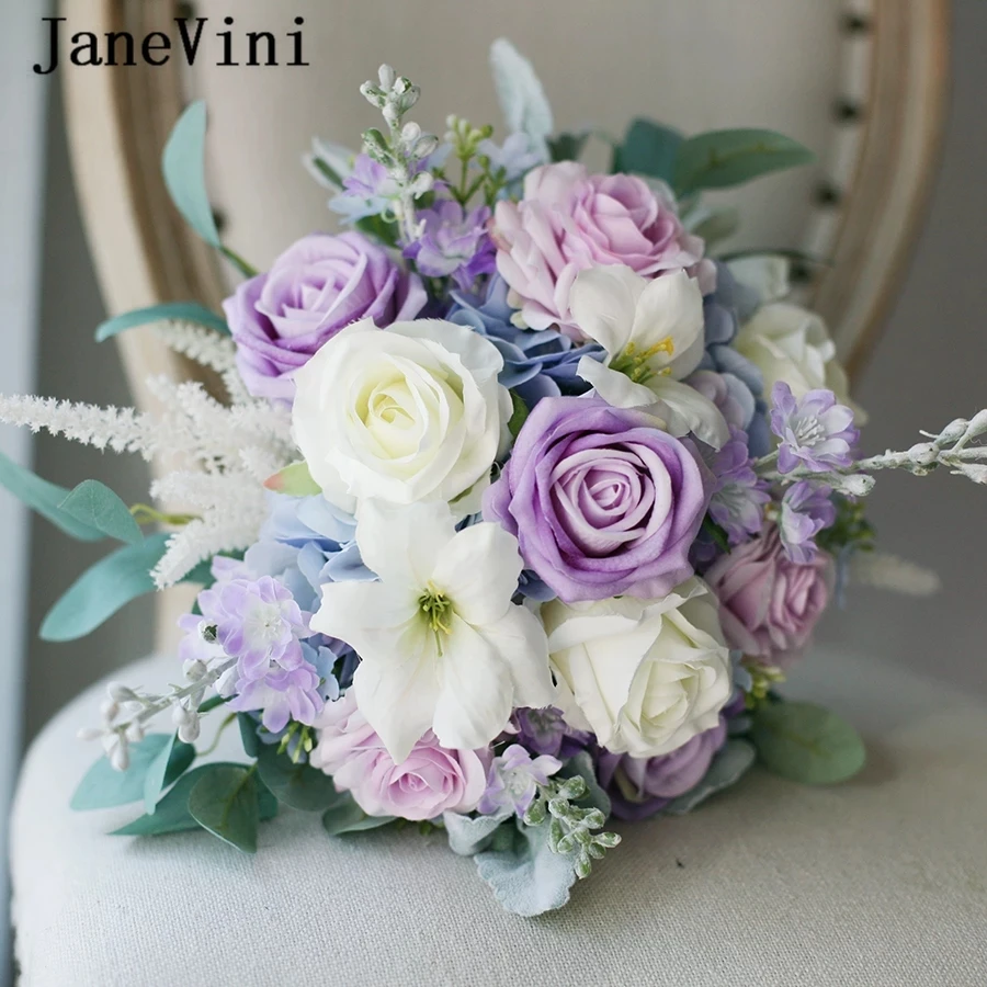 JaneVini Boeket Bloemen Purple Artificial Rose Bride Flower Wedding Bouquet Flowers Bridal Bouquets Accessory Ramo Flores Novia