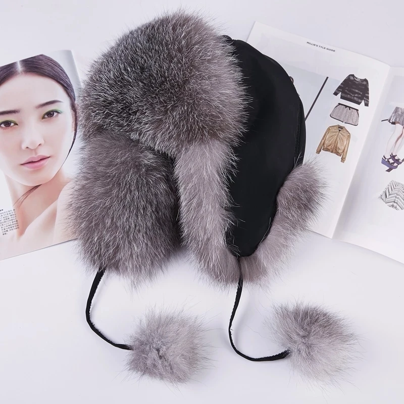 Women Real Fox Fur Hat With Fur Balls Lady Korean Winter Genuine Raccoon Fur Caps Girl Head Ear Warm Ski Cycling Snow Bomber Hat