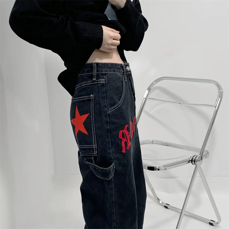 Jean Vintage taille haute pour femmes, Streetwear, Hip Hop, noir, droit, Baggy, mode décontracté, automne, jambes larges