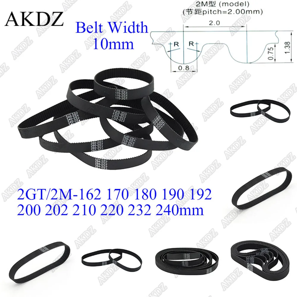 

2MGT 2M 2GT Synchronous Timing belt Pitch length 162 170 180 190 192 200 202 210 220 232 240 width 10mm Rubber closed