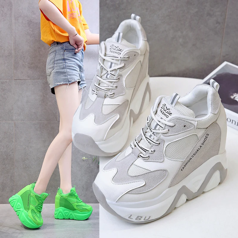 Sapatos de plataforma alta respirável para mulheres, Sapatos crescentes de altura, Sapatilhas grossas, Tênis, Novo, 12 cm