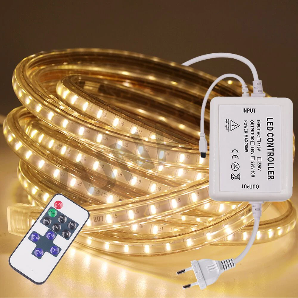 

AC220V LED Strip Light with Dimmer Flexible Ribbon Tape 3014 SMD 120Leds/m Waterproof LED Rope Stripe Light with EU/UK/AU Plug