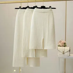 50-60-70 CM 2021 New Fashion Autumn Winter Knitted Sexy Skirt Women Korean Style Black High Waist Elastic Split Skirt Female