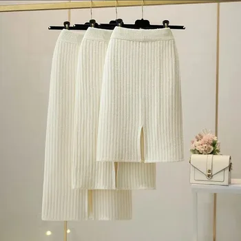 50-60-70 Cm 2021 Nieuwe Mode Herfst Winter Gebreide Sexy Rok Vrouwen Koreaanse Stijl Zwarte Hoge Taille elastische Split Rok Vrouwelijke