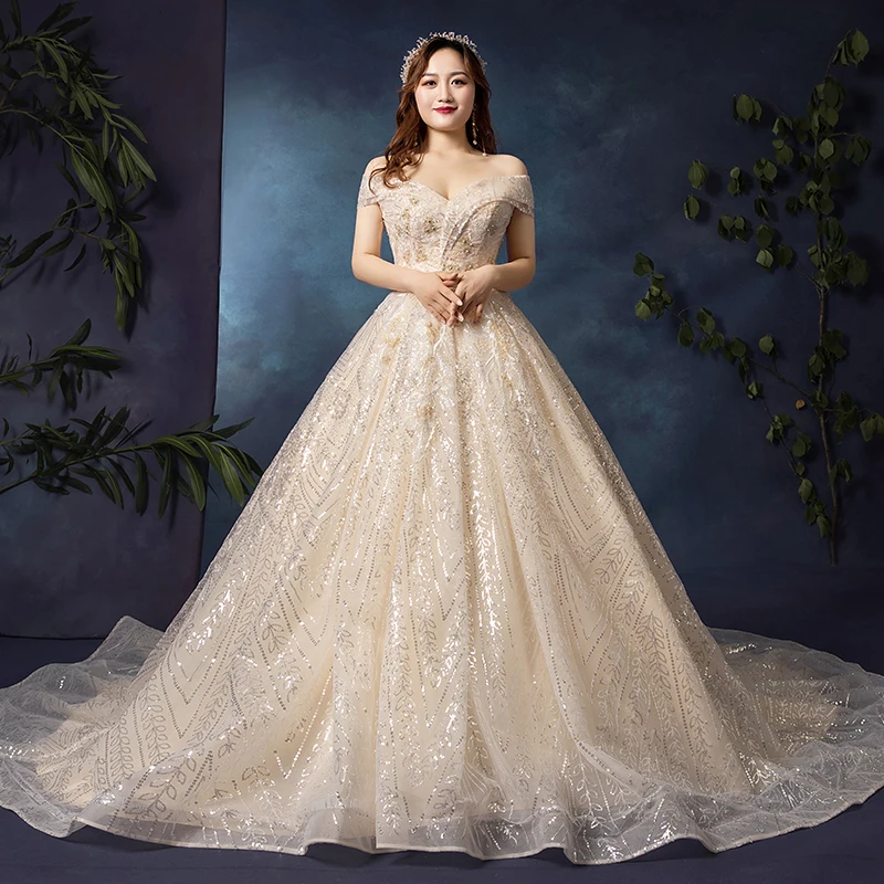 New Champagne Wedding Dress Boat Neck Lace Embroidery Off the Shoulder Short Sleeves Bling Luxurious Women Bride Dresses B007