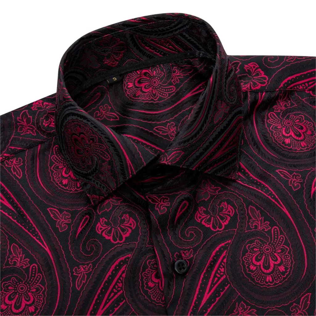 Barry.Wang Red Paisley Bright Silk Shirts Men Autumn Long Sleeve Casual  Flower Shirts For Men Designer Fit Dress Shirts BCY-01