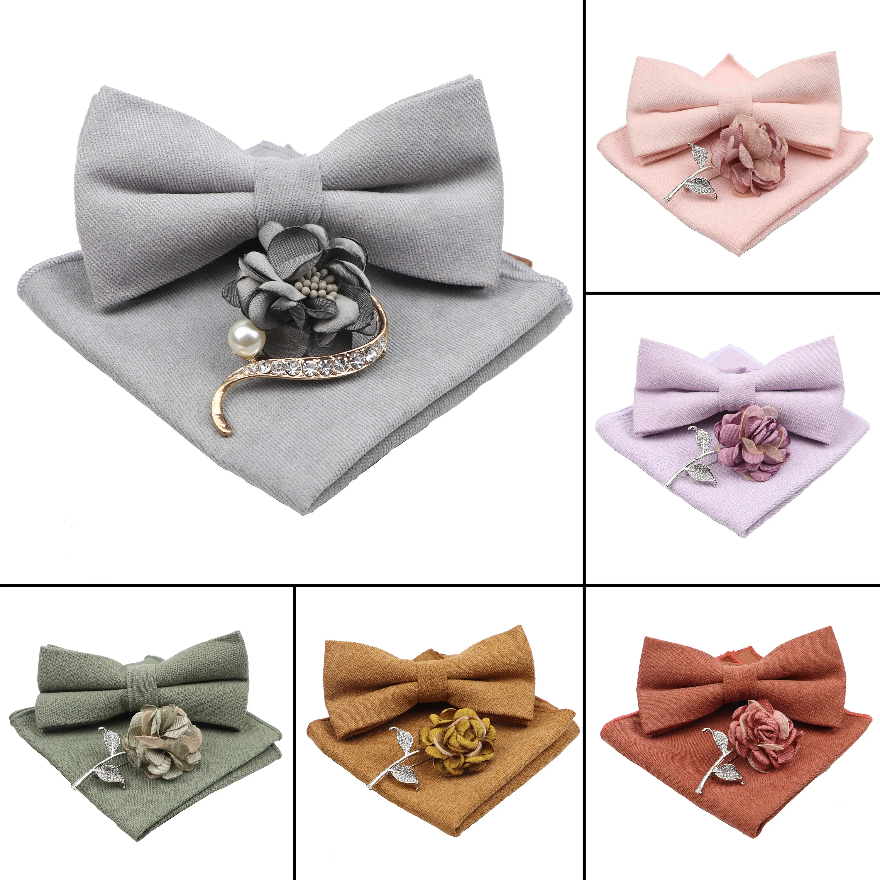 Men Super Soft Suede Solid Color Cotton Bow Tie Handkerchief Brooch Set Bowtie Orange Pink Blue Butterfly Wedding Novelty Gift