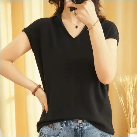 2021 V-neck pullover sweater women cotton Korean version is thin short-sleeved all-match summer T-shirt thin NS4780