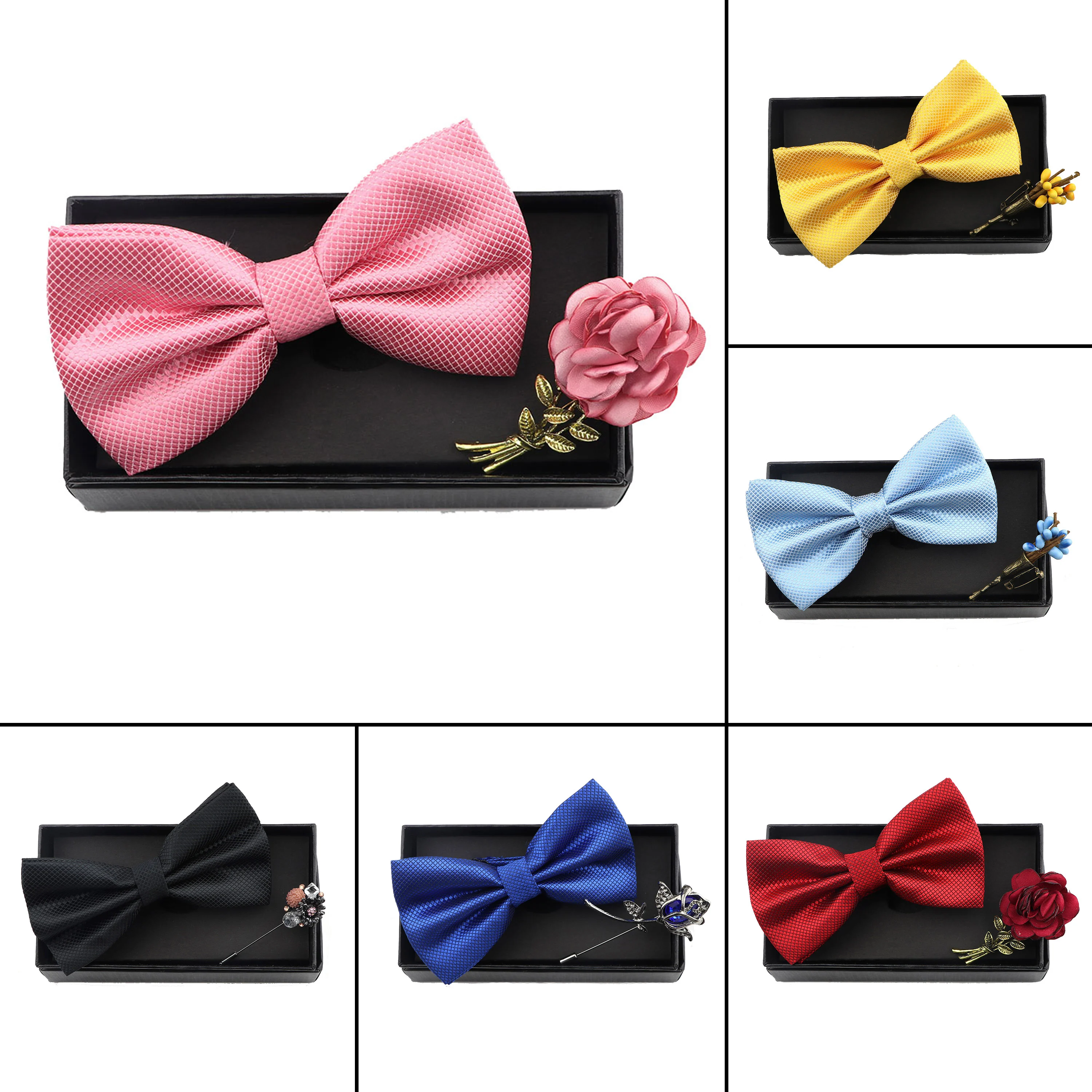 Solid Color Bow Tie Brooch Set Men Satin Fine Grid Butterfly Rose Flower Spider Crystal Pin Party Wedding Blue Pink Red Bowties