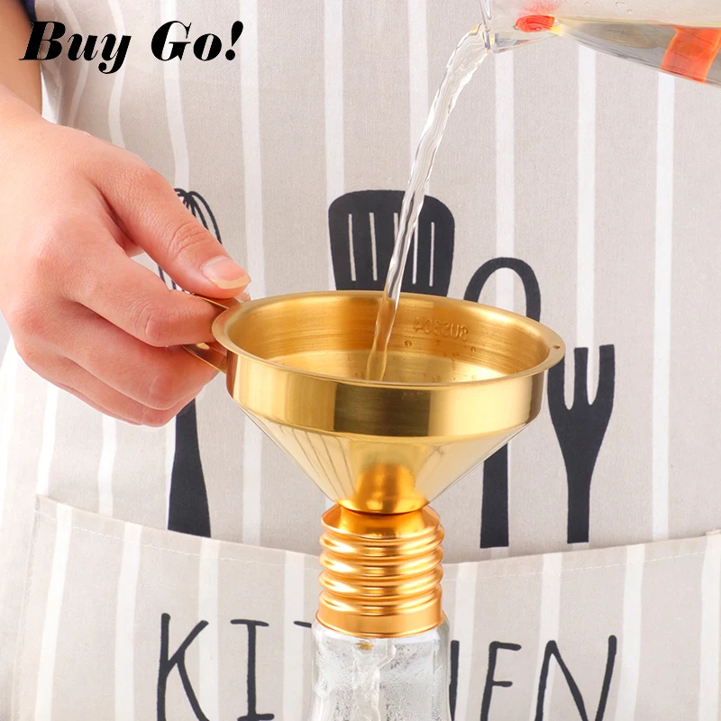 Functional Stainless Steel Gold Funnel Kitchen Oil Liquid Metal Funnel With Detachable Filter/Strainer for Canning Kitchen Tools