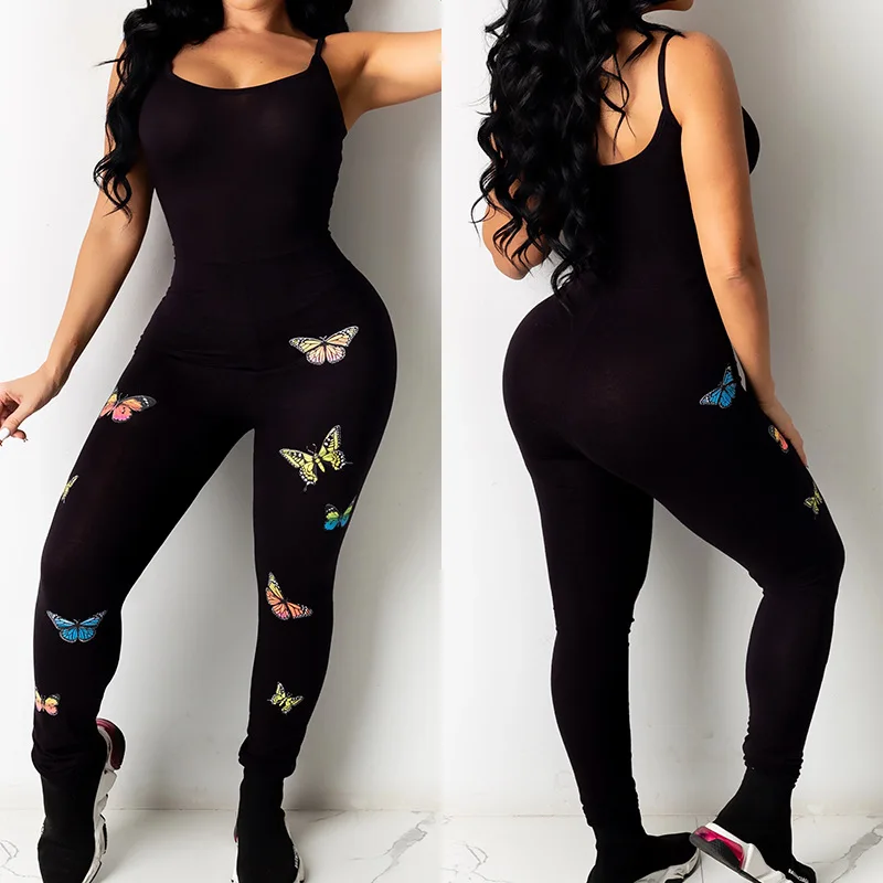 BKLD One Piece Outfit Women 2024 New Fashion Butterfly Printed Sexy Spaghetti Strap Bodycon Jumpsuit Black Party Clubwear