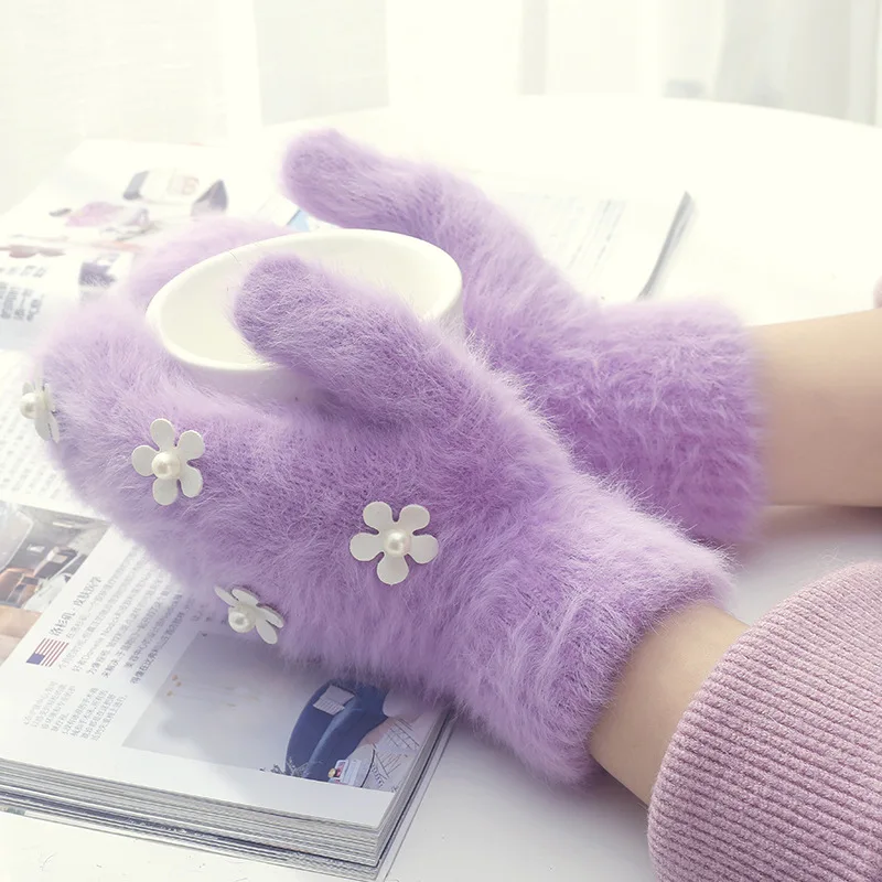 New Women Winter Keep Warm Plus Velvet Inside Thicken Full Finger Female Flower Pearl Cute Lovely Long Rabbit Fur Mittens Gloves