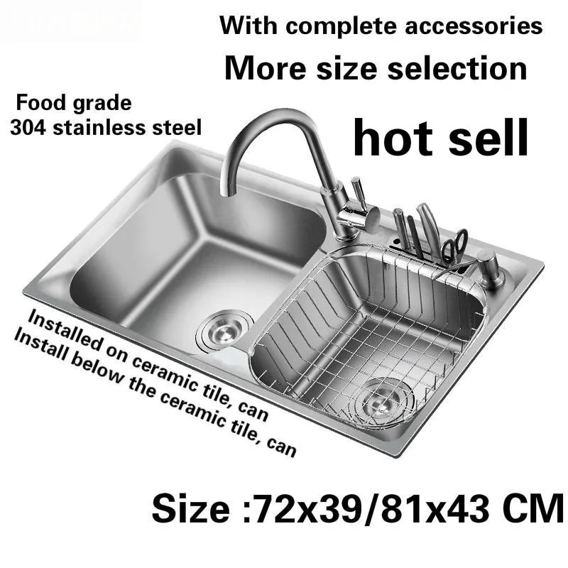 

Free shipping kitchen sink 0.8 mm thick food grade 304 stainless steel normal large double groove hot sell 72x39/75x40/81x43 CM