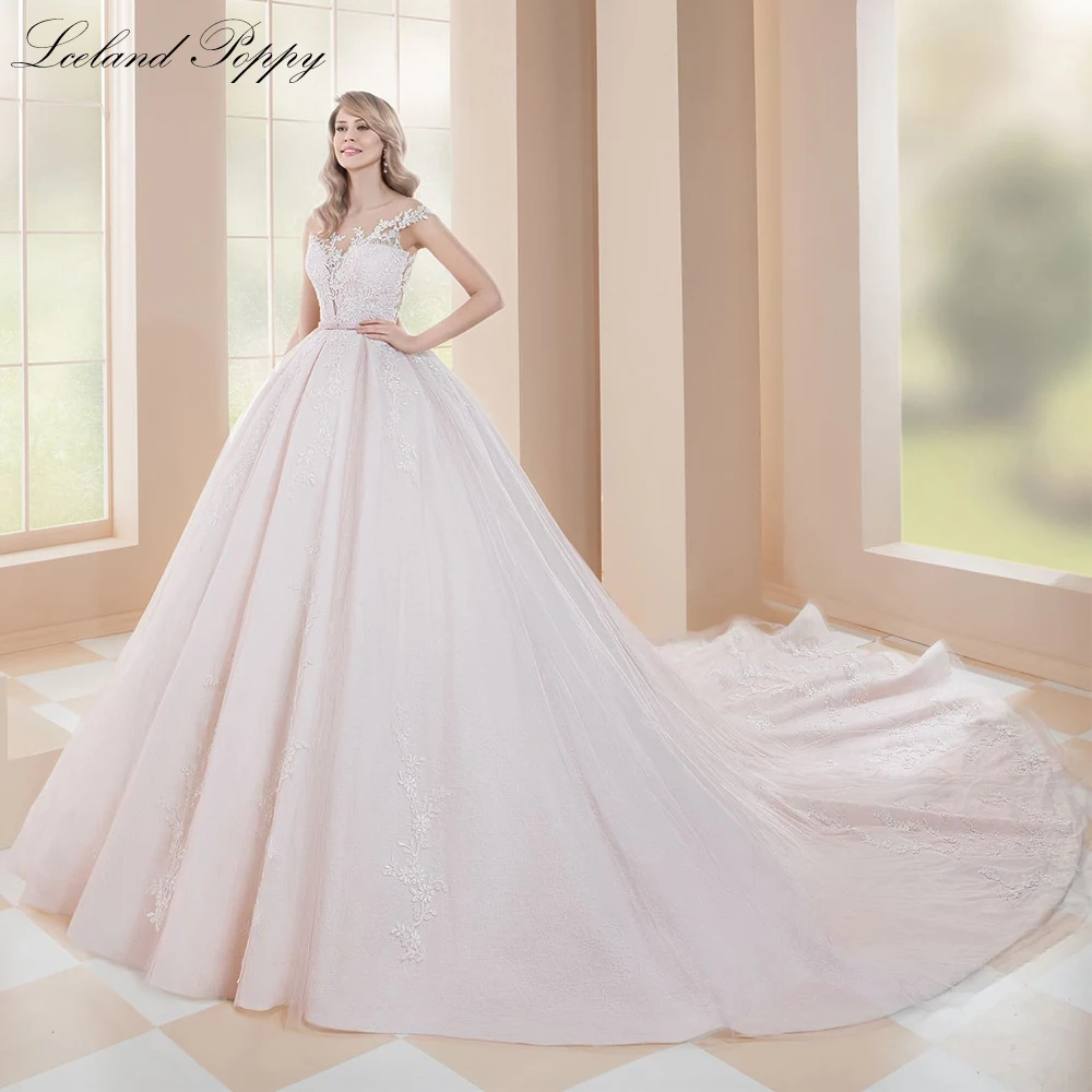 Lceland Poppy Women's Scoop Neck Ball Gown Lace Wedding Dresses 2023 Sheer Back Sleeveless Bridal Gowns with Cathedral Train