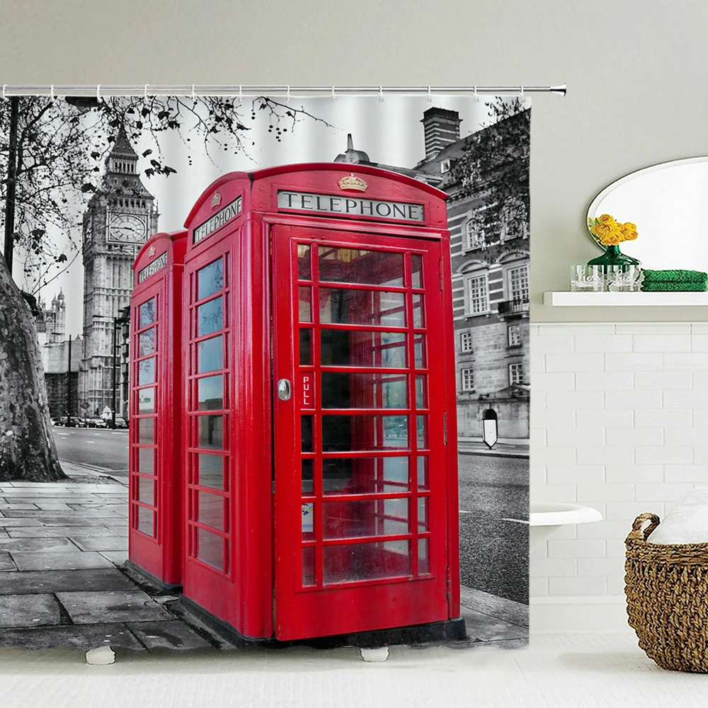 London Street Red Telephone Booth Bath Curtains Shower Curtain Bathroom Waterproof Cloth With Hooks 180*200cm Bath Curtain