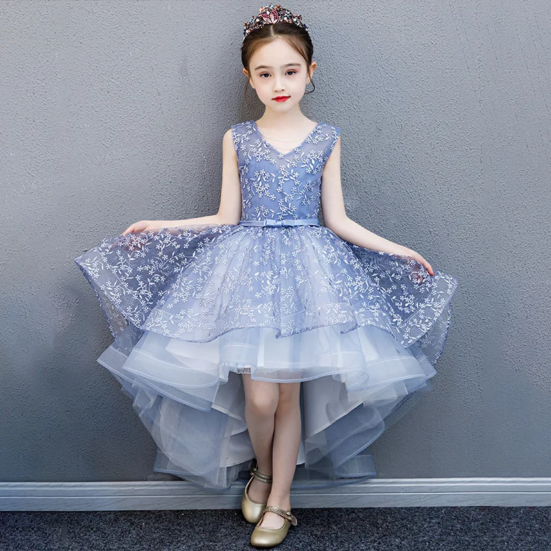 Girl Wedding Party Flower Girl Bridesmaid Embroidery Tail Dress Princess Birthday Host Walking Piano Performance Dress